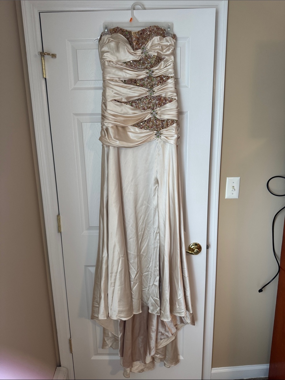 Tony Bowls Strapless Champagne Satin High-Low Gown with Beaded Bodice